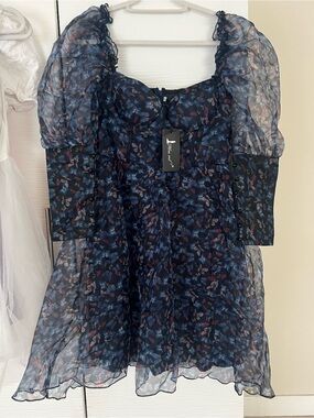 Navy Floral Sheer Puff-Sleeve Mini Dress